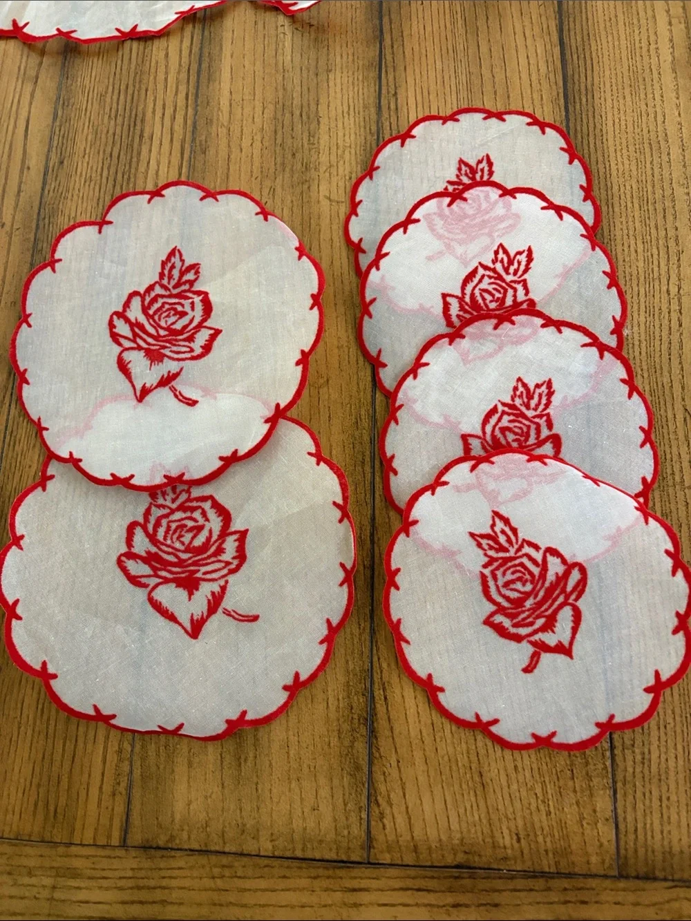Vintage White and Red Hostess Apron with 4 coasters, 2 table protectors.